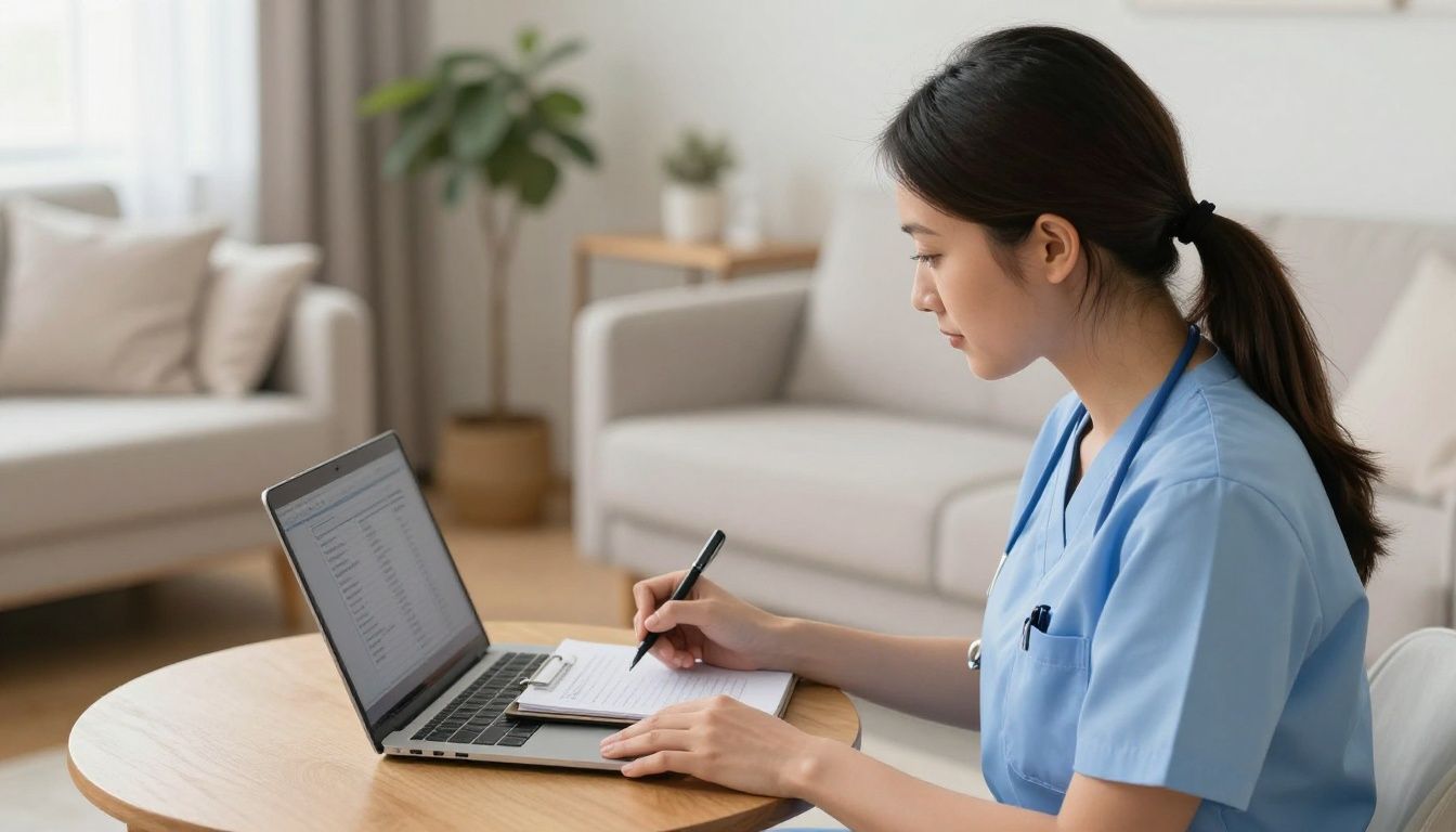 A compassionate home care nurse sitting by a bedside table, carefully writing in a digital chart while providing support in a warm, clean home environment during a quiet, reflective moment.