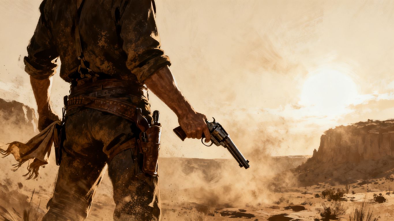 Cowboy with revolver in a classic Western landscape.