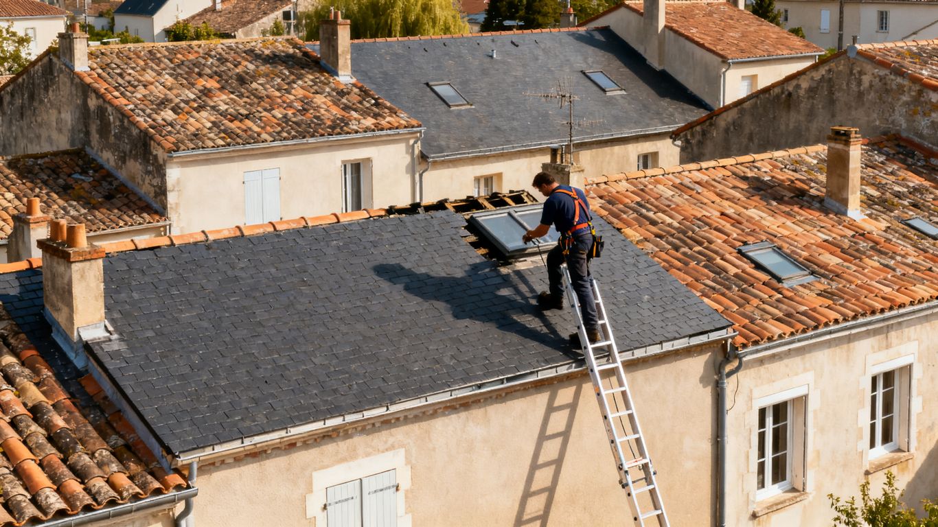 Couvreur inspectant une toiture résidentielle