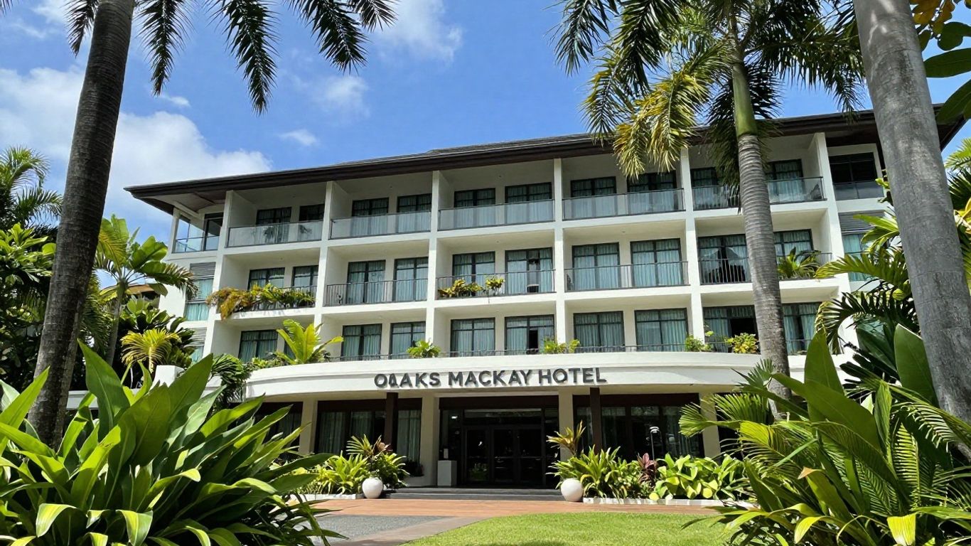 Oaks Mackay Hotel exterior with tropical landscaping.