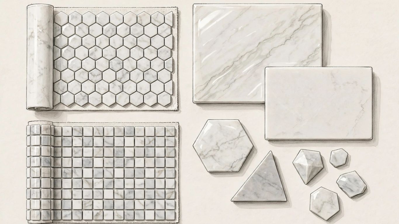 Marble mosaic and polished honed finish samples