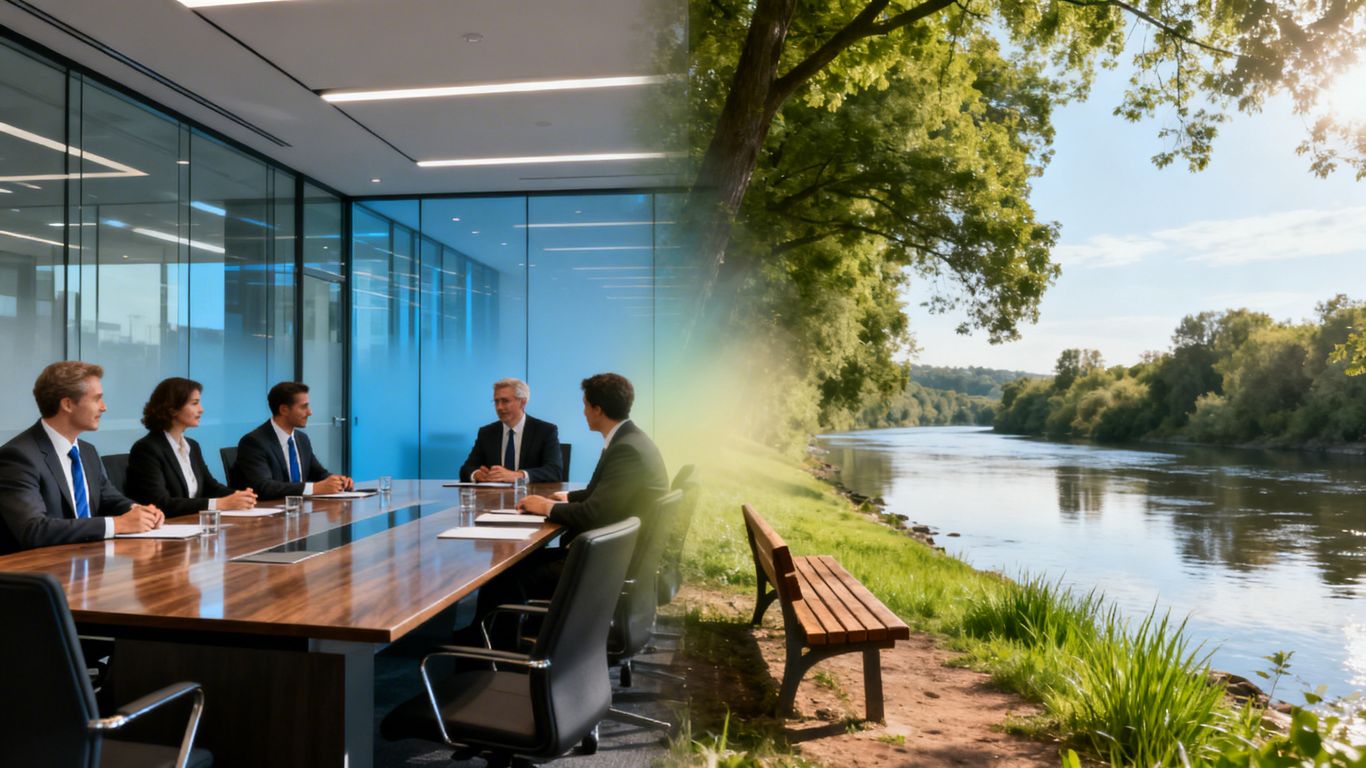 Boardroom merging into a peaceful riverbank scene.