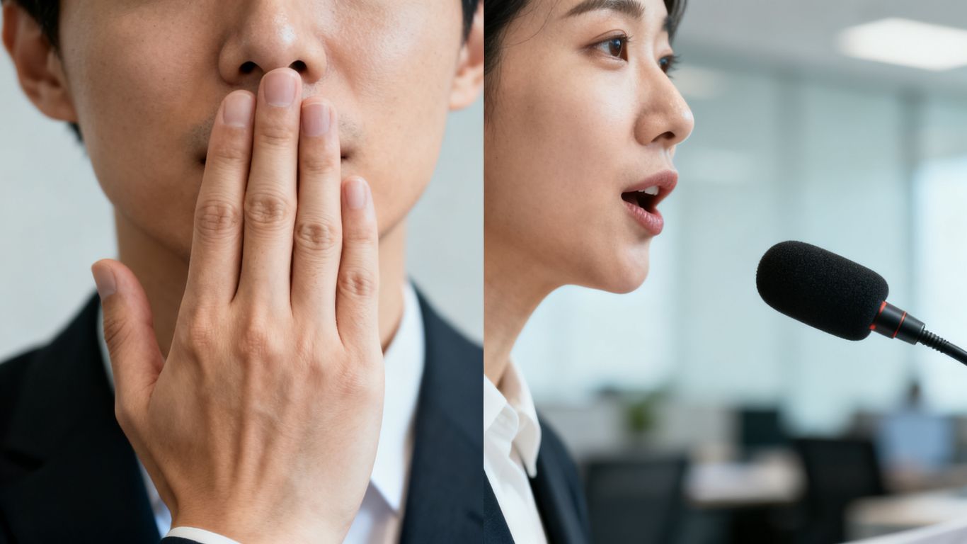 Person covering mouth and speaking into microphone during PR crisis.