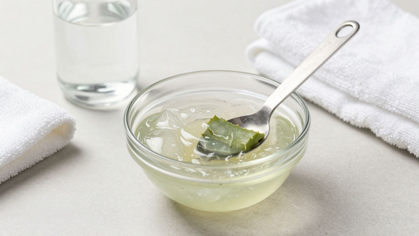 A glass bowl with aloe and measuring spoon