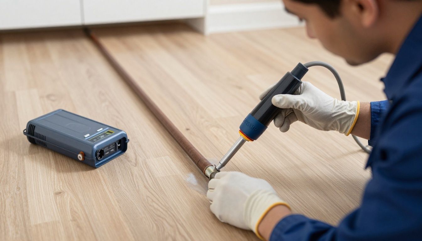 A professional technician in uniform using specialized high-powered vacuum equipment to clean residential air ducts, demonstrating thoroughness and hygiene