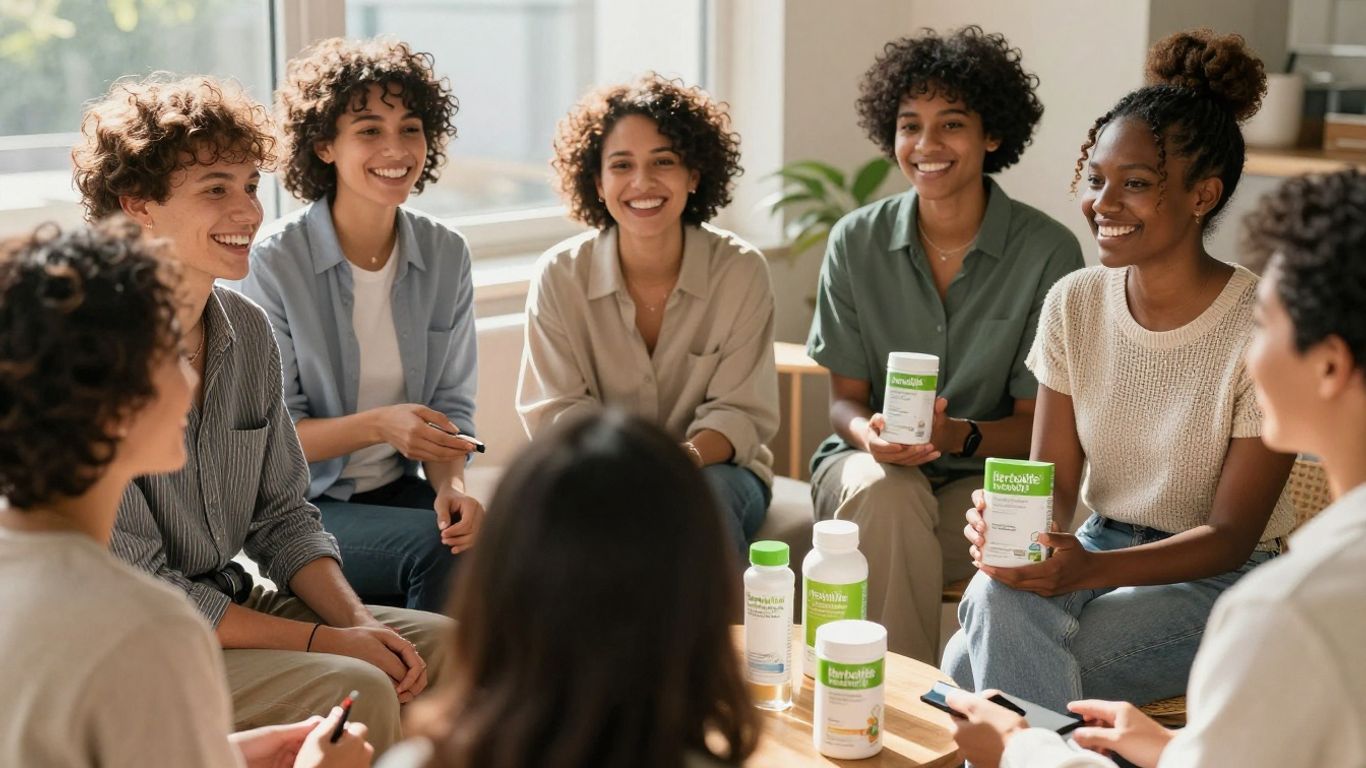 Herbalife distributors engaging with clients, smiling and holding products.