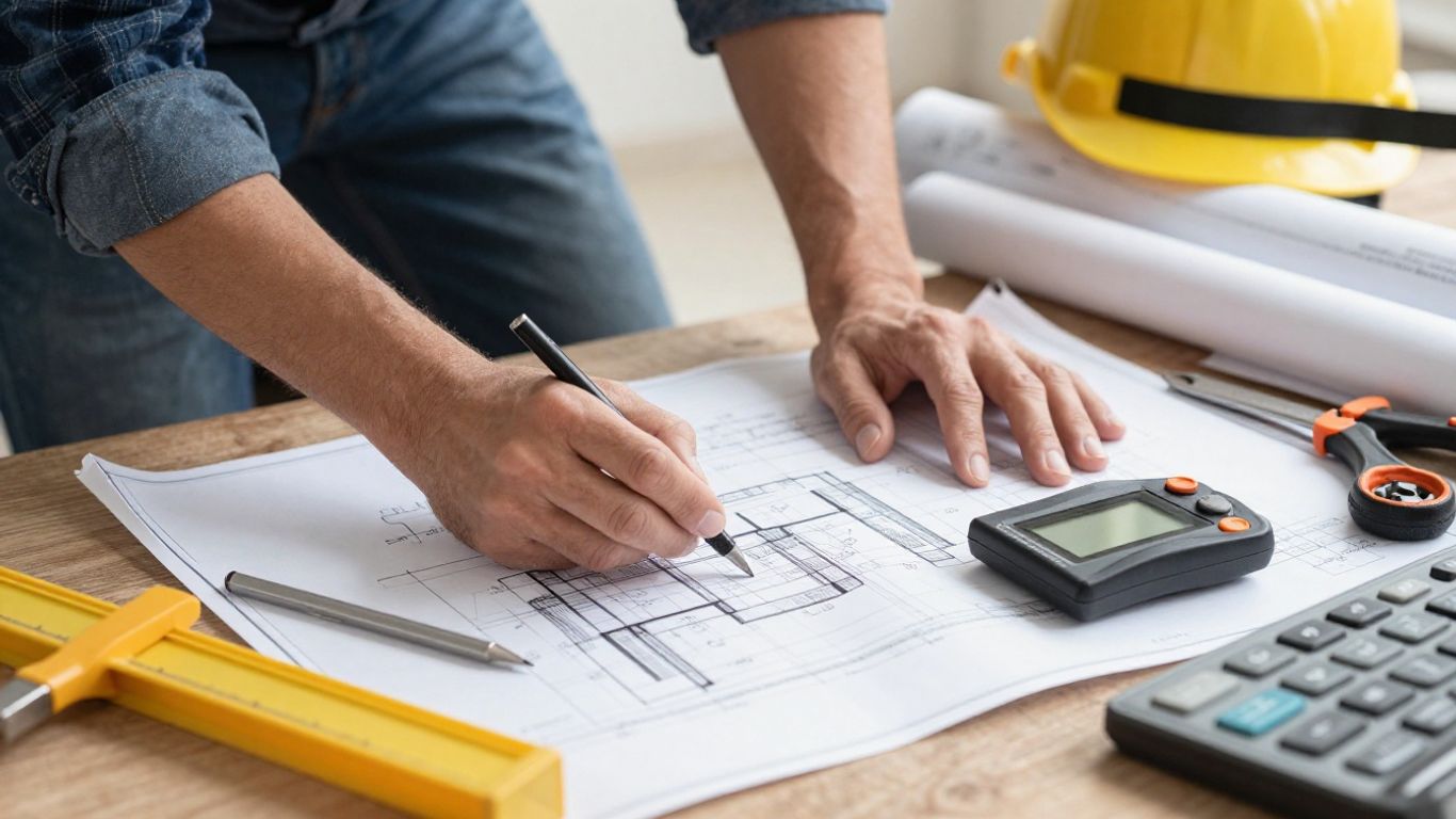 Contractor reviewing blueprints with tools and materials.
