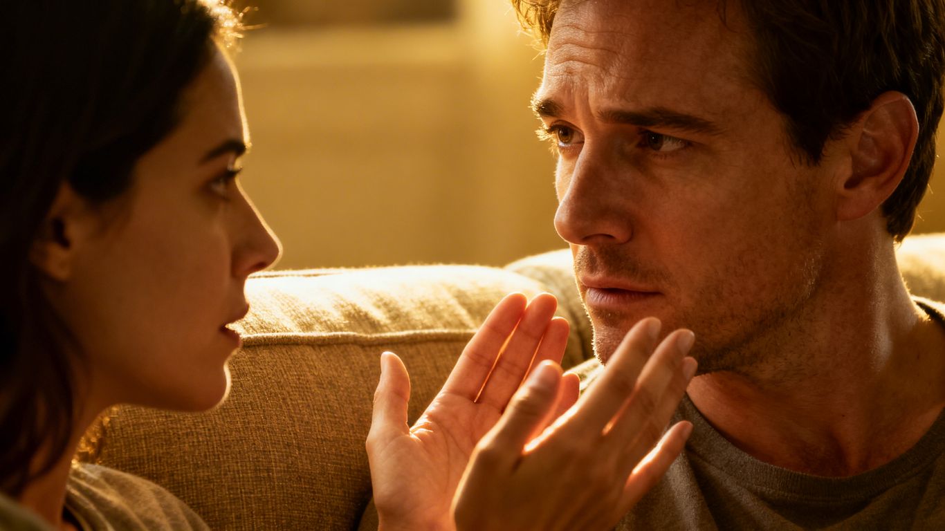 Couple discussing finances on a sofa.