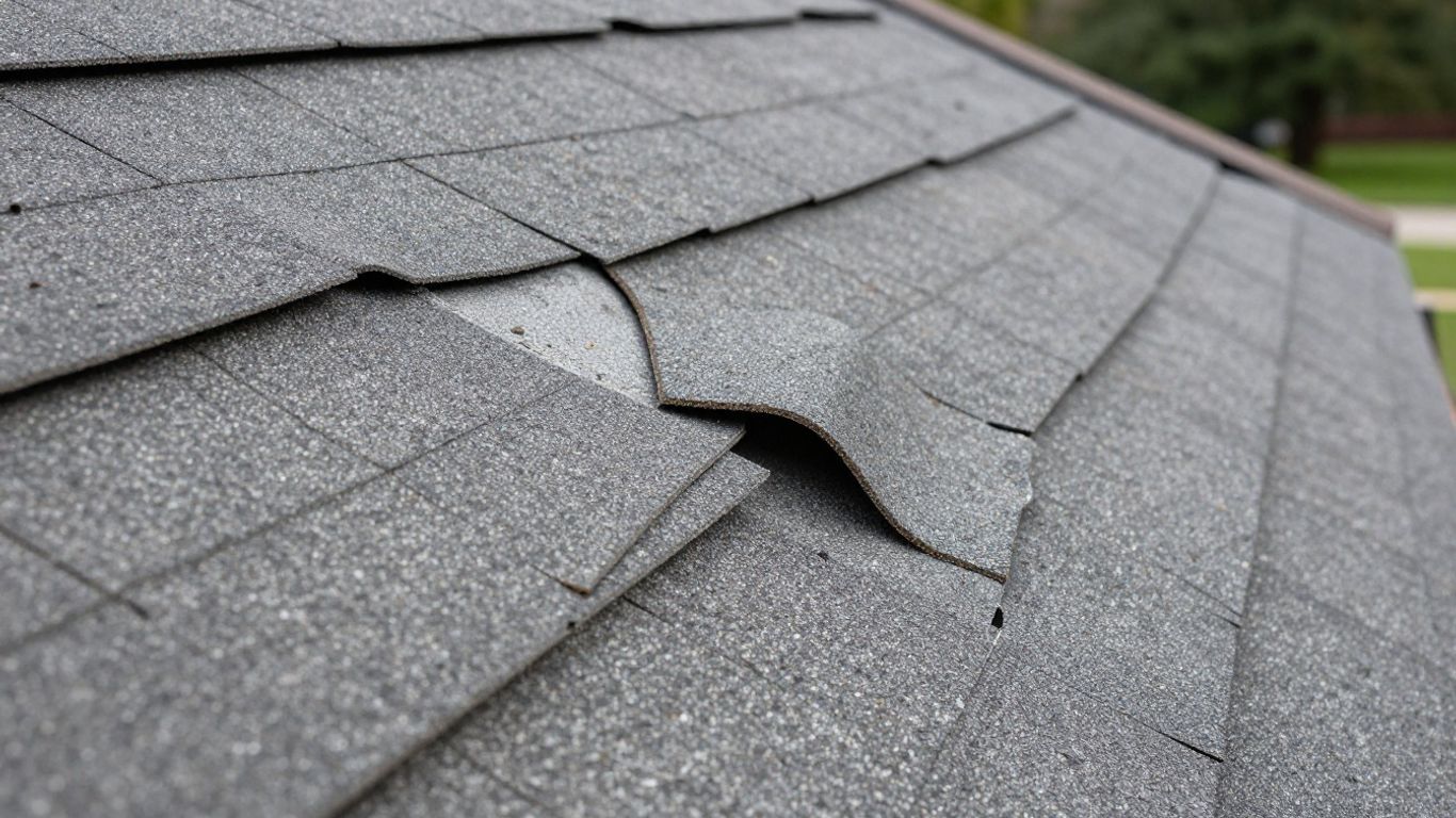 Damaged roof with missing and curled shingles.