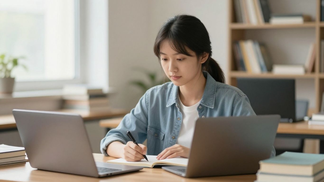 Student studying intently at a desk without distractions.