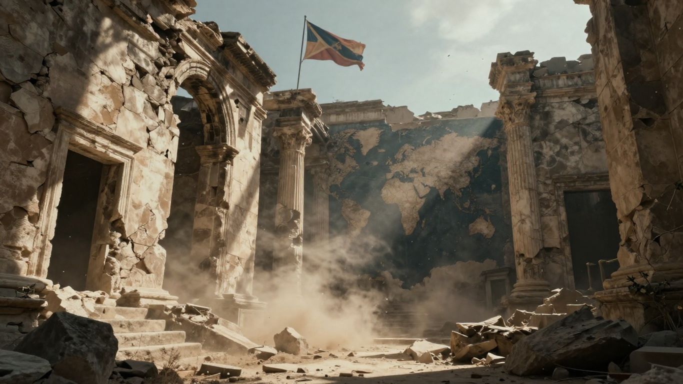 Faded flags and crumbling ruins of lost empires.