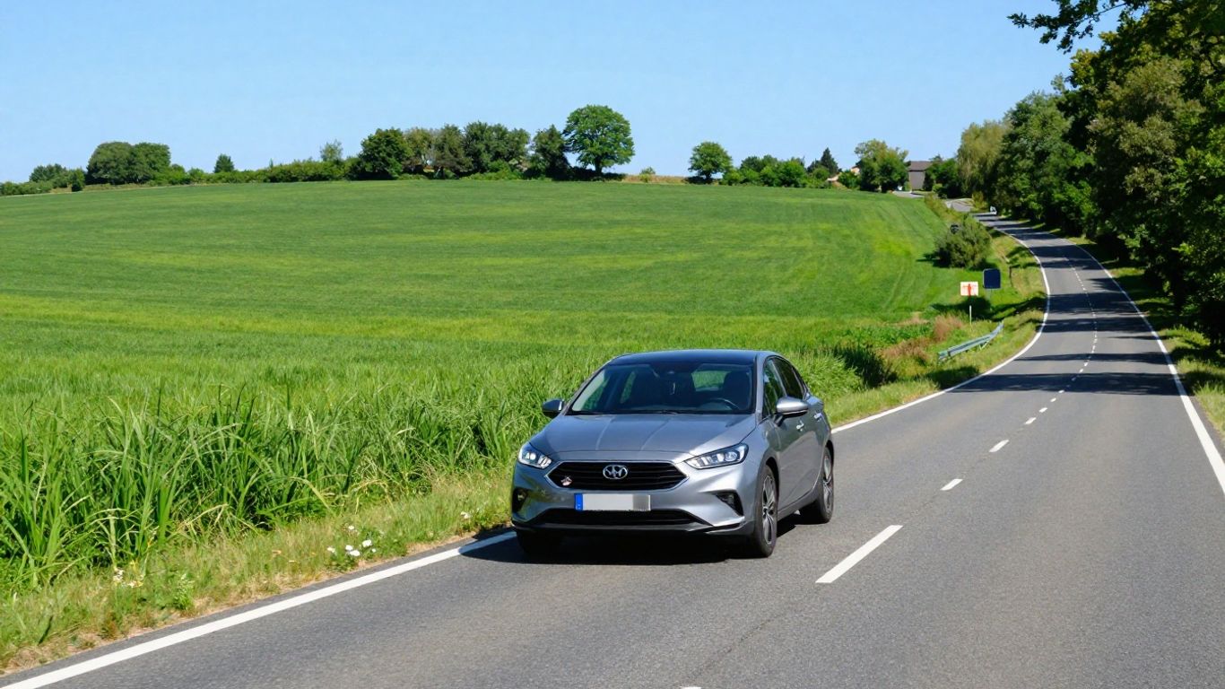 Car driving on a French motorway towards Disneyland Paris.