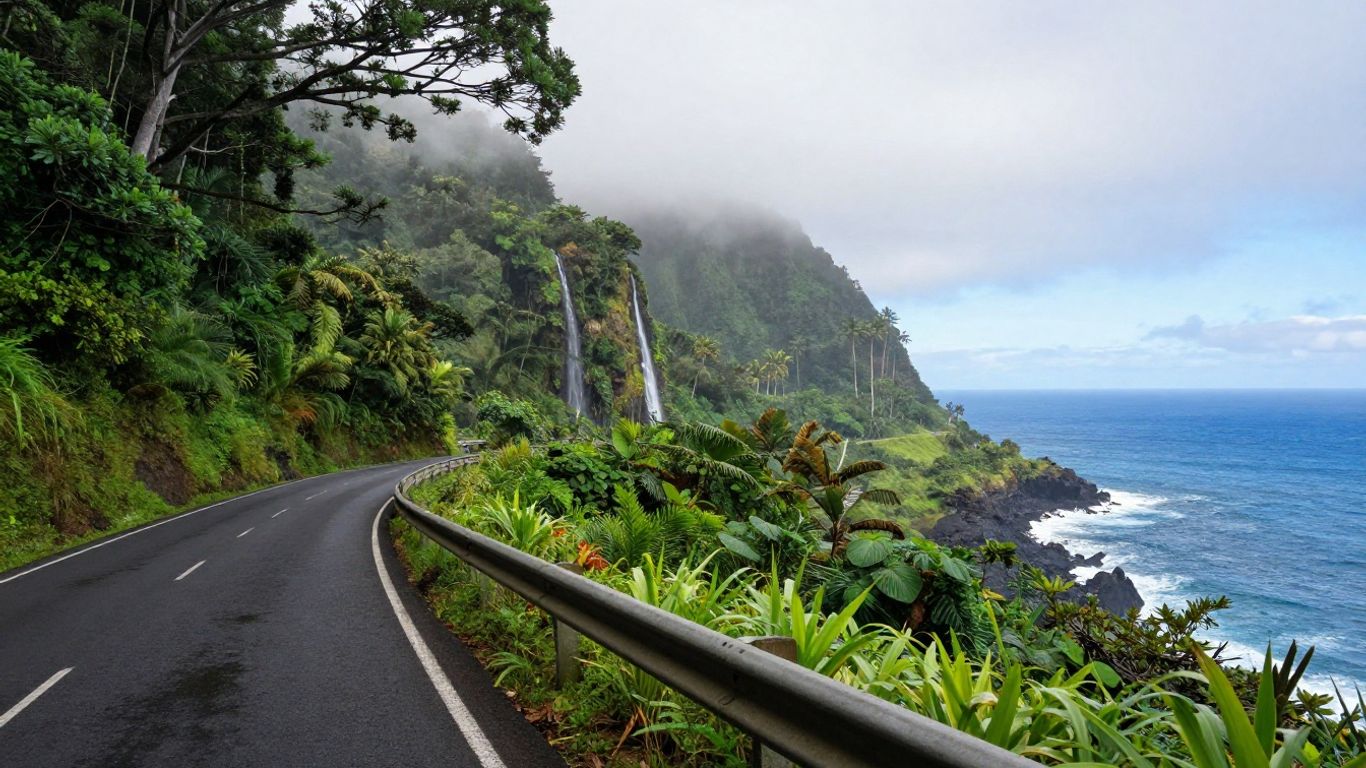Rainforest road winding along Maui coast