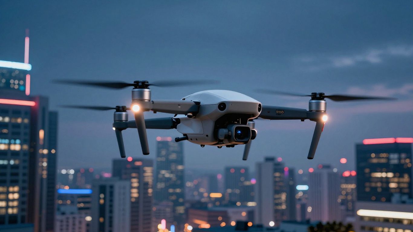 Drone flying over a futuristic city at dusk.