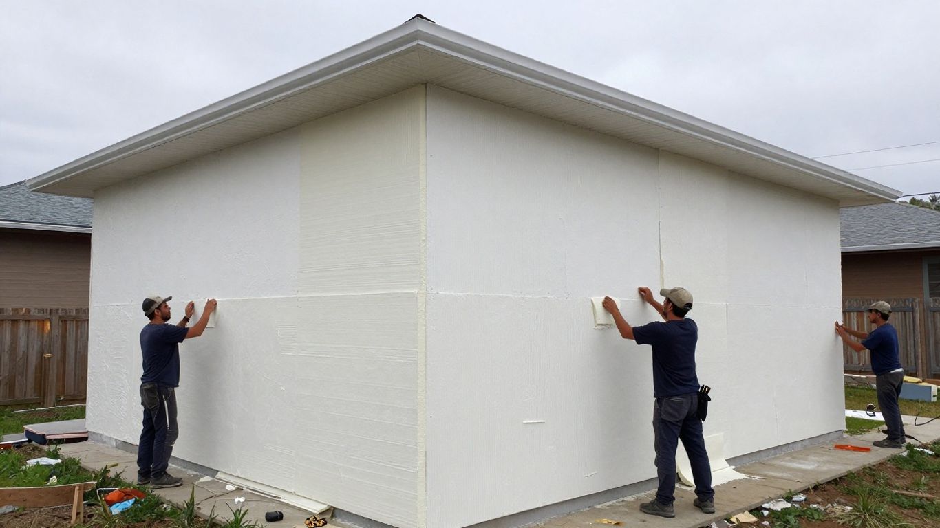 Maison avec isolation extérieure en cours d'installation.