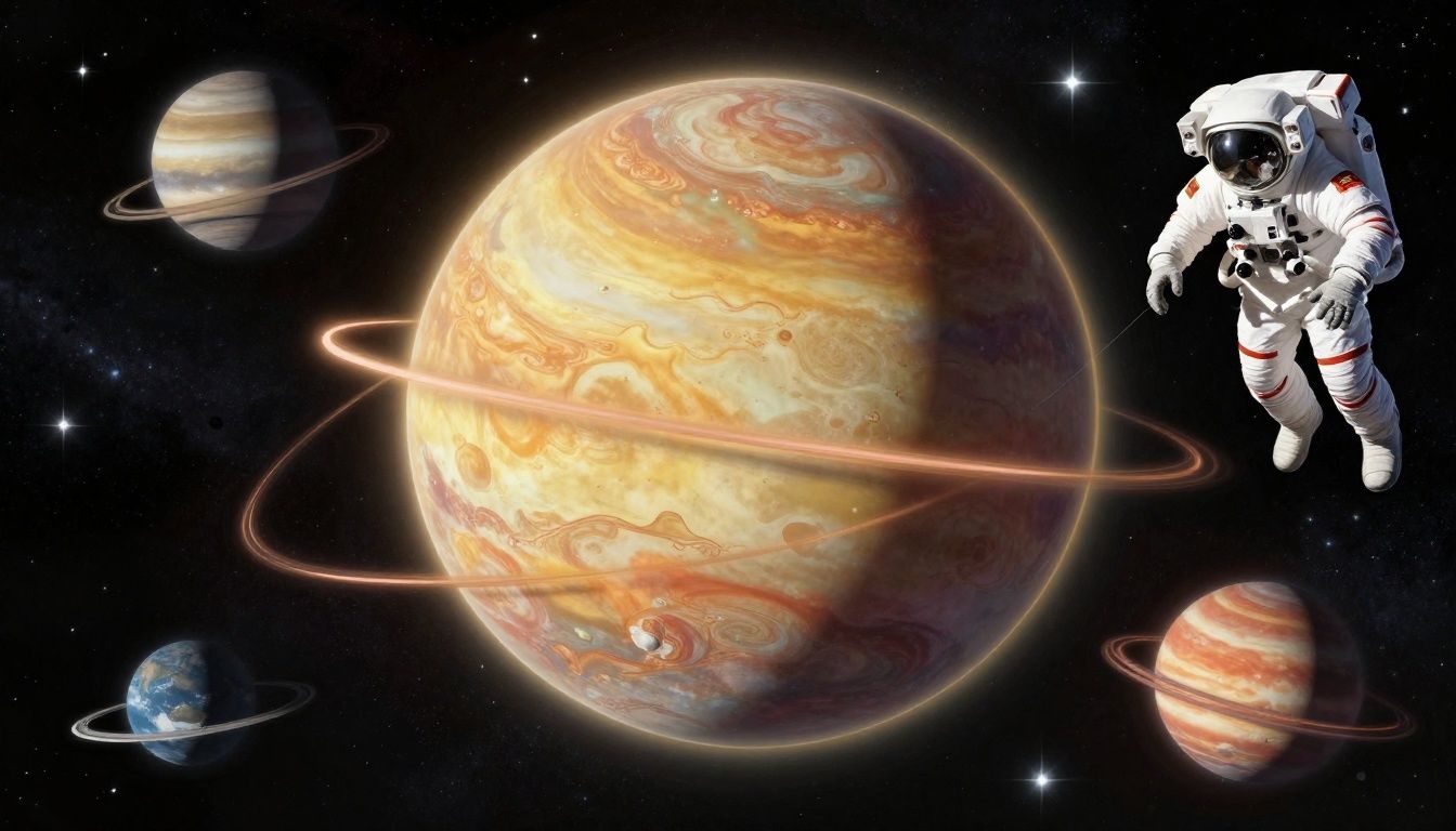 Visão artística do espaço profundo com astronauta, planetas, estrelas e fenômenos cósmicos que desafiam o senso comum