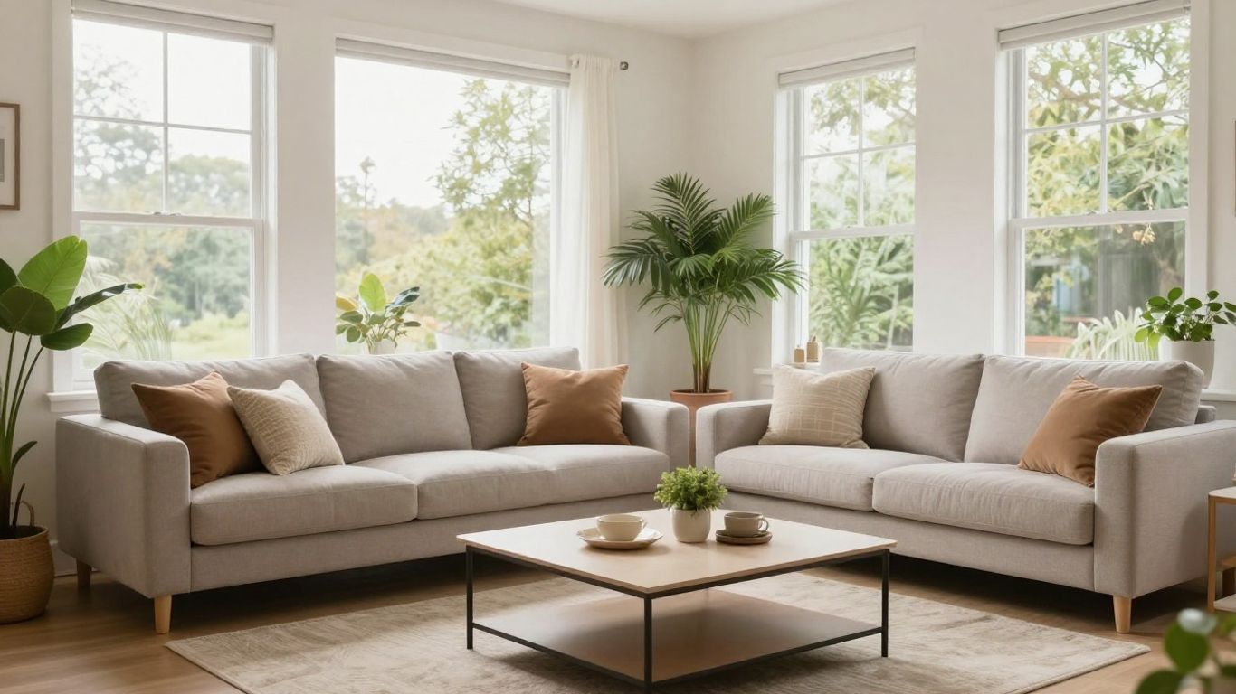 Sala de estar moderna y acogedora con sofá y luz natural.