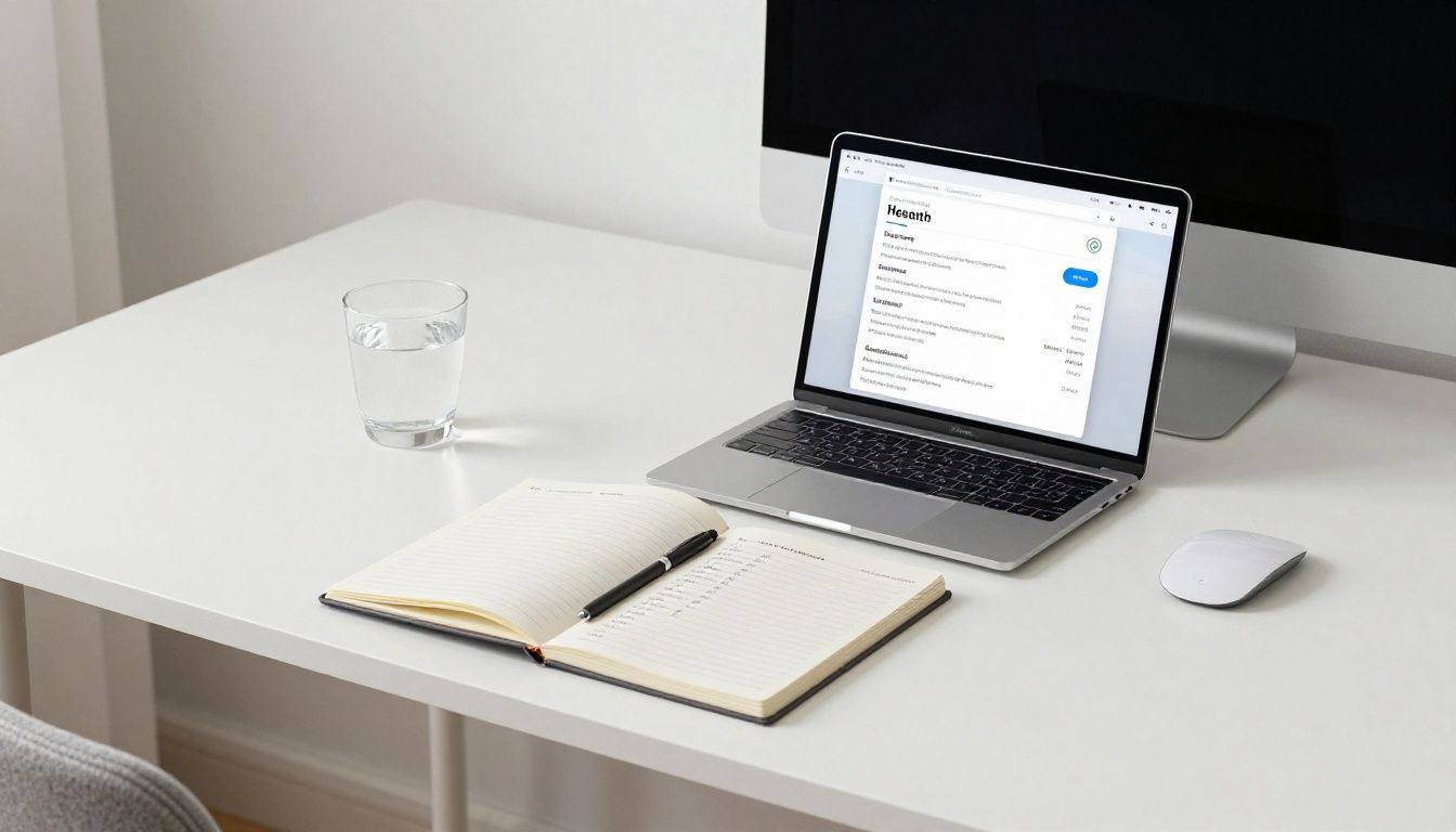 A modern, well-lit home office desk featuring a clean, minimalist aesthetic with a smartphone displaying a health-tracking app interface, a notebook for wellness logging, and a glass of water, symbolizing organized health management.