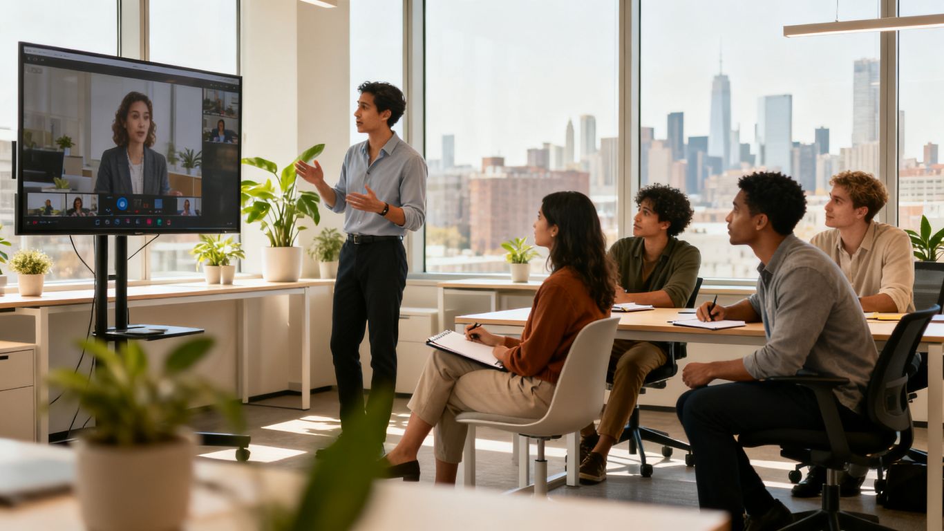 People participating in a live online class via video conference.