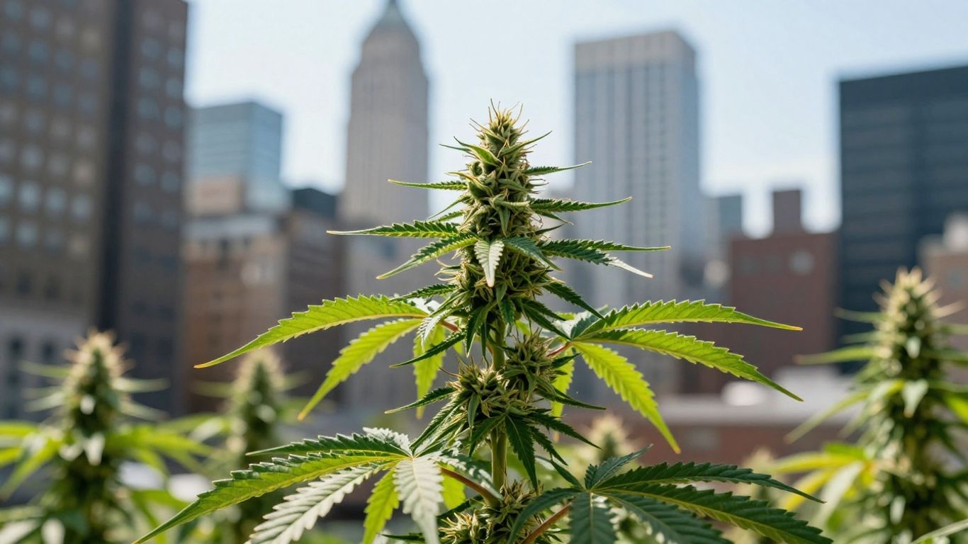 New York City skyline with a cannabis plant.