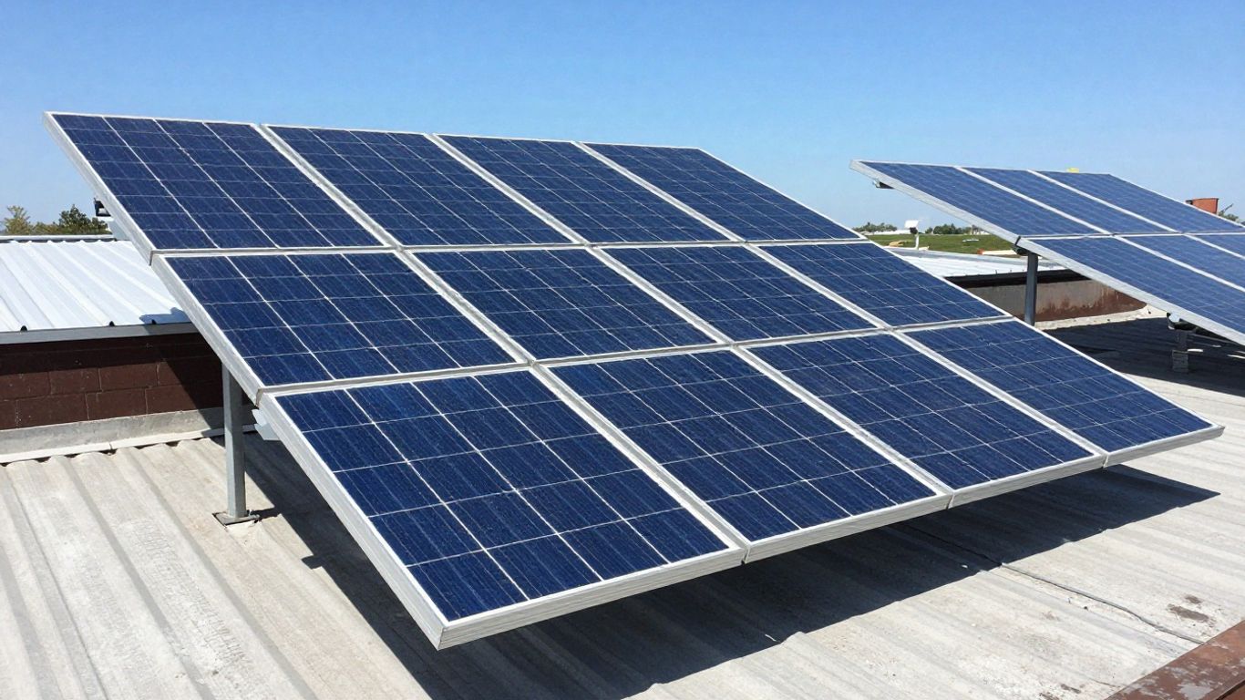 Panneaux solaires sur un toit orientés vers le soleil.