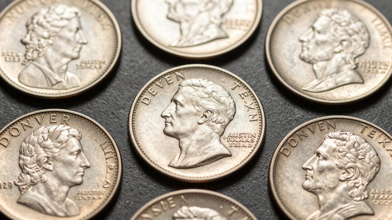 Denver Mint coins with Austin skyline background.