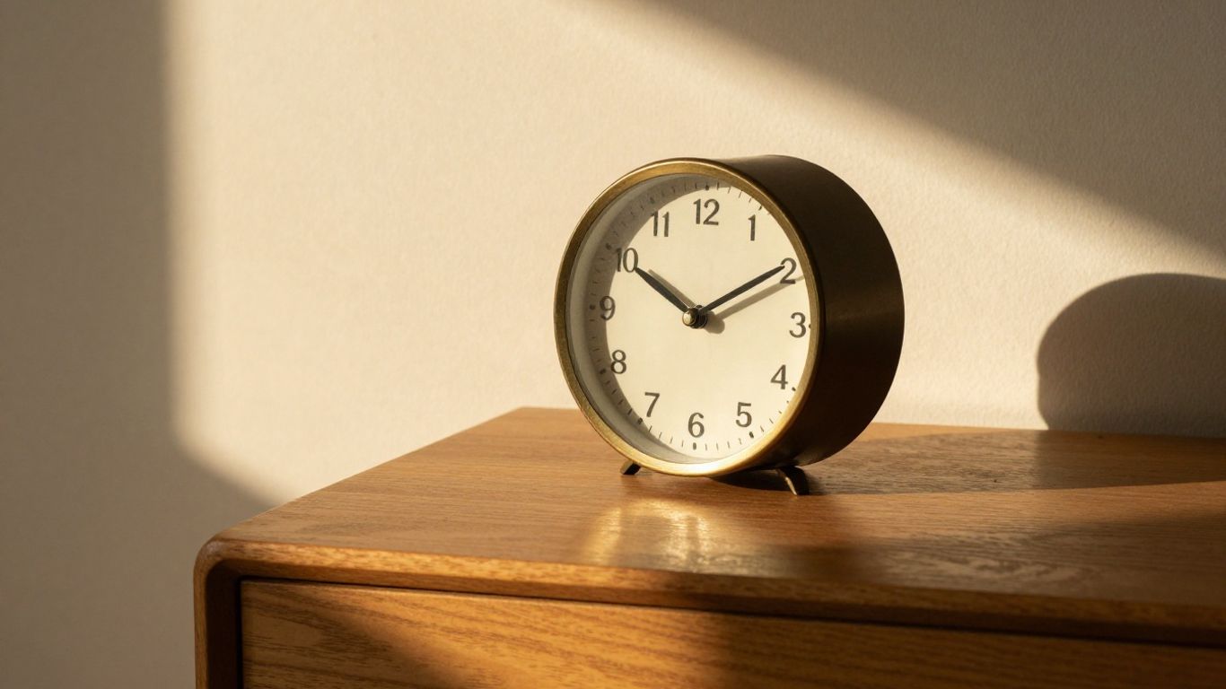 A minimalist clock showing a soft golden light