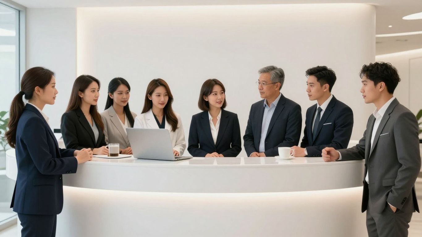 Medspa front desk workflow with diverse American staff.