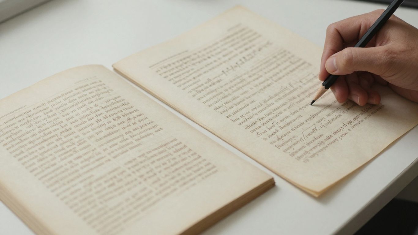 Close view of marked passages on printed pages