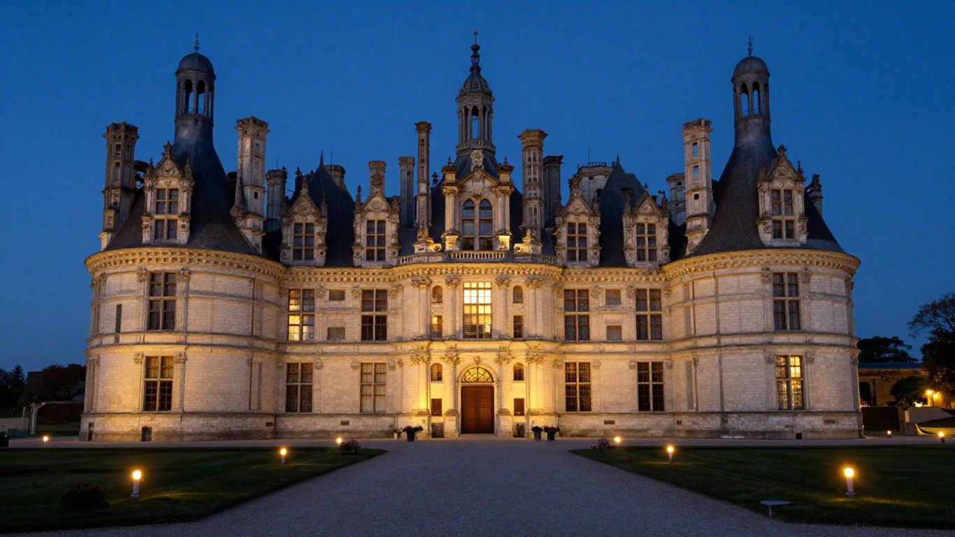Chambord château glowing beside dark gardens