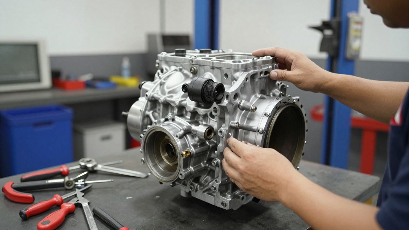 Used Nissan transmission being inspected by mechanic.