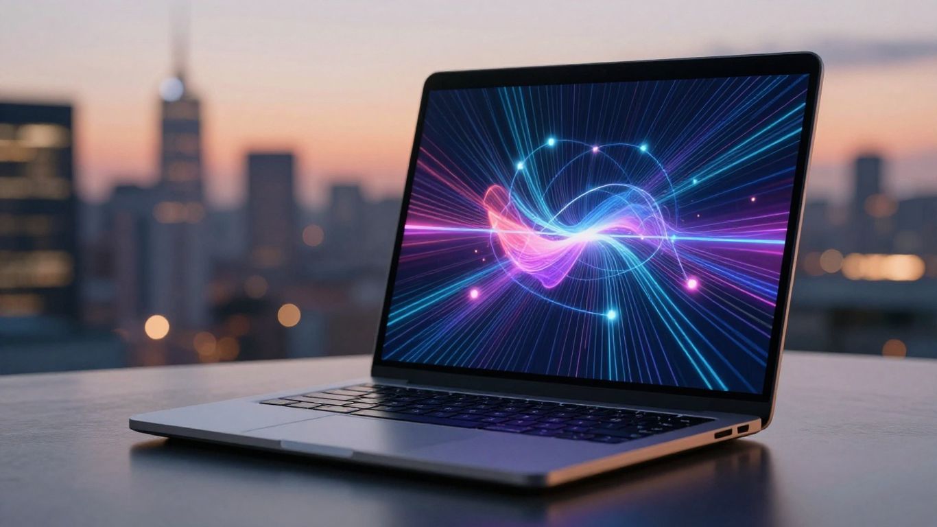 Laptop with automated Amazon PPC dashboard and cityscape background.