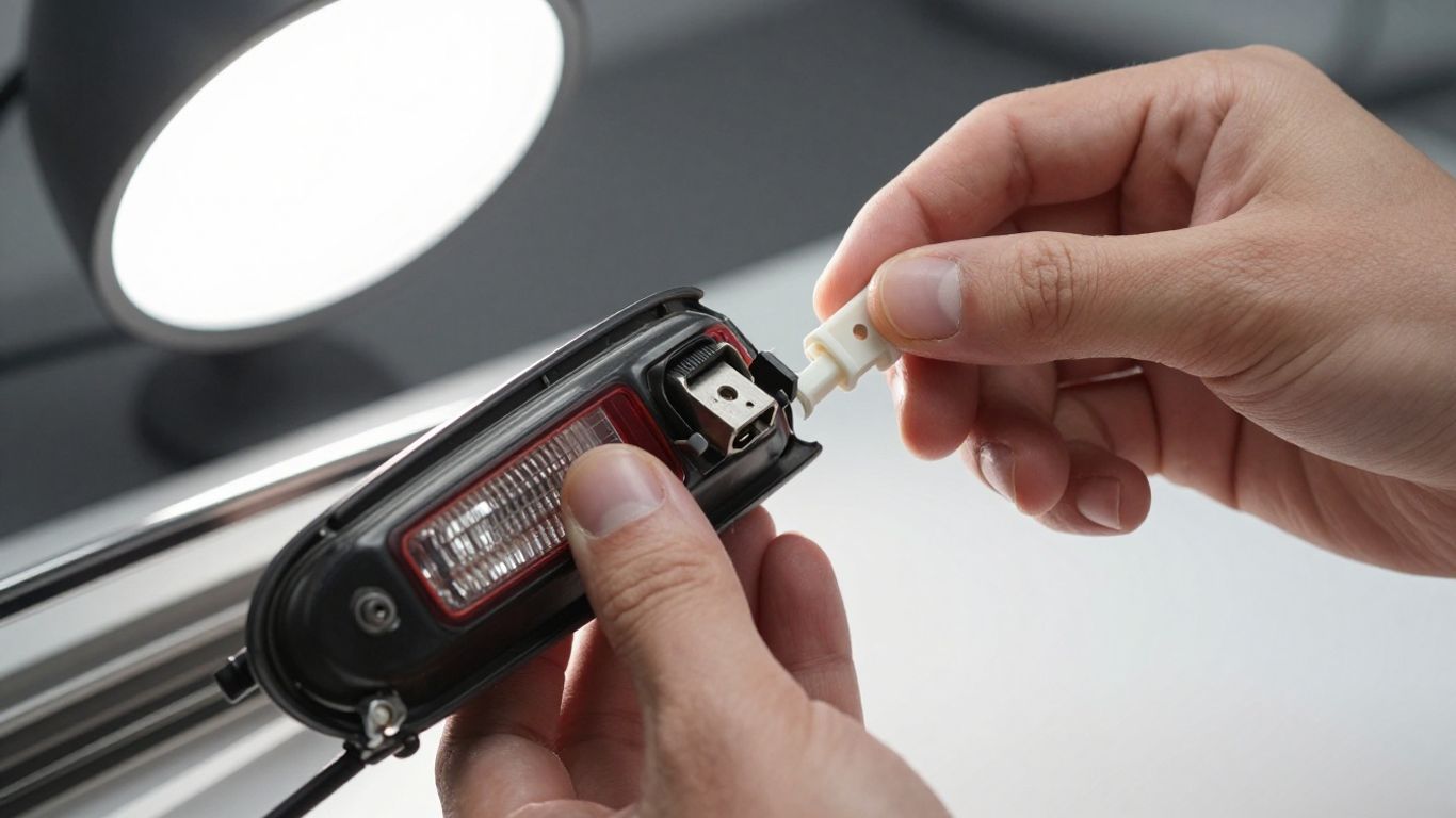 A technician inspects a used car light assembly