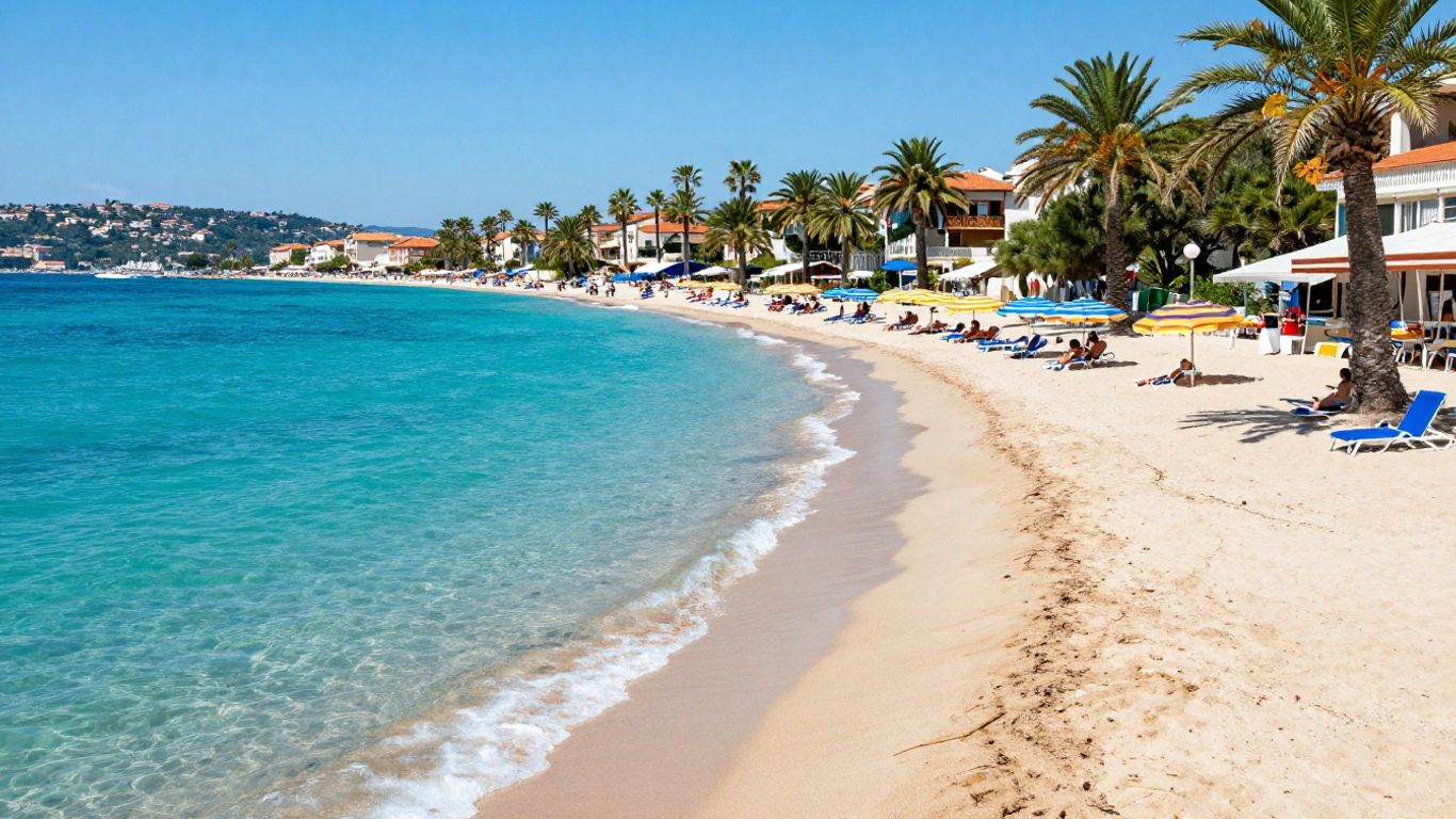 Idyllic European beach with turquoise water and sandy shore.