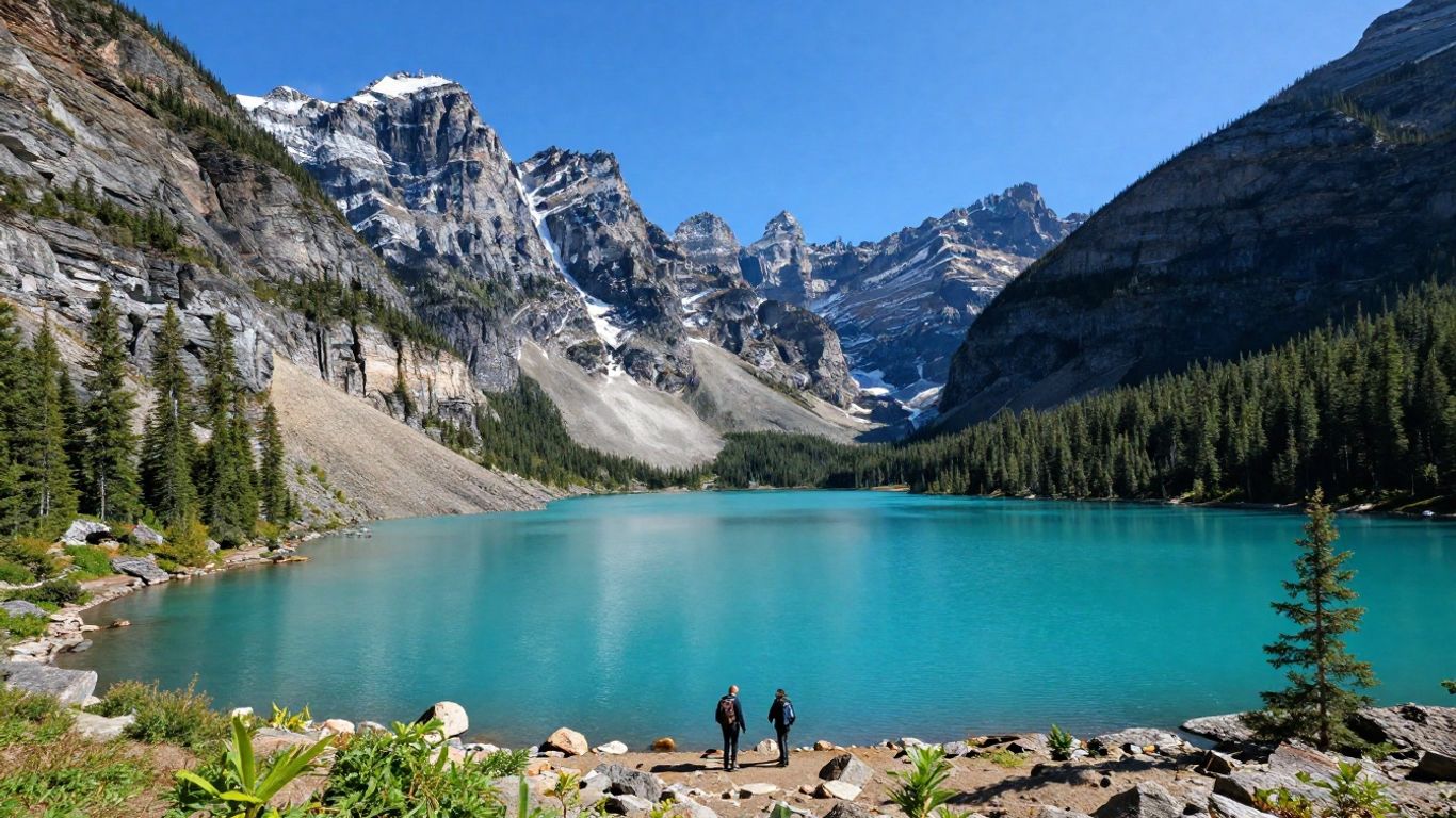 Turquoise alpine lake beneath Canadian Rockies