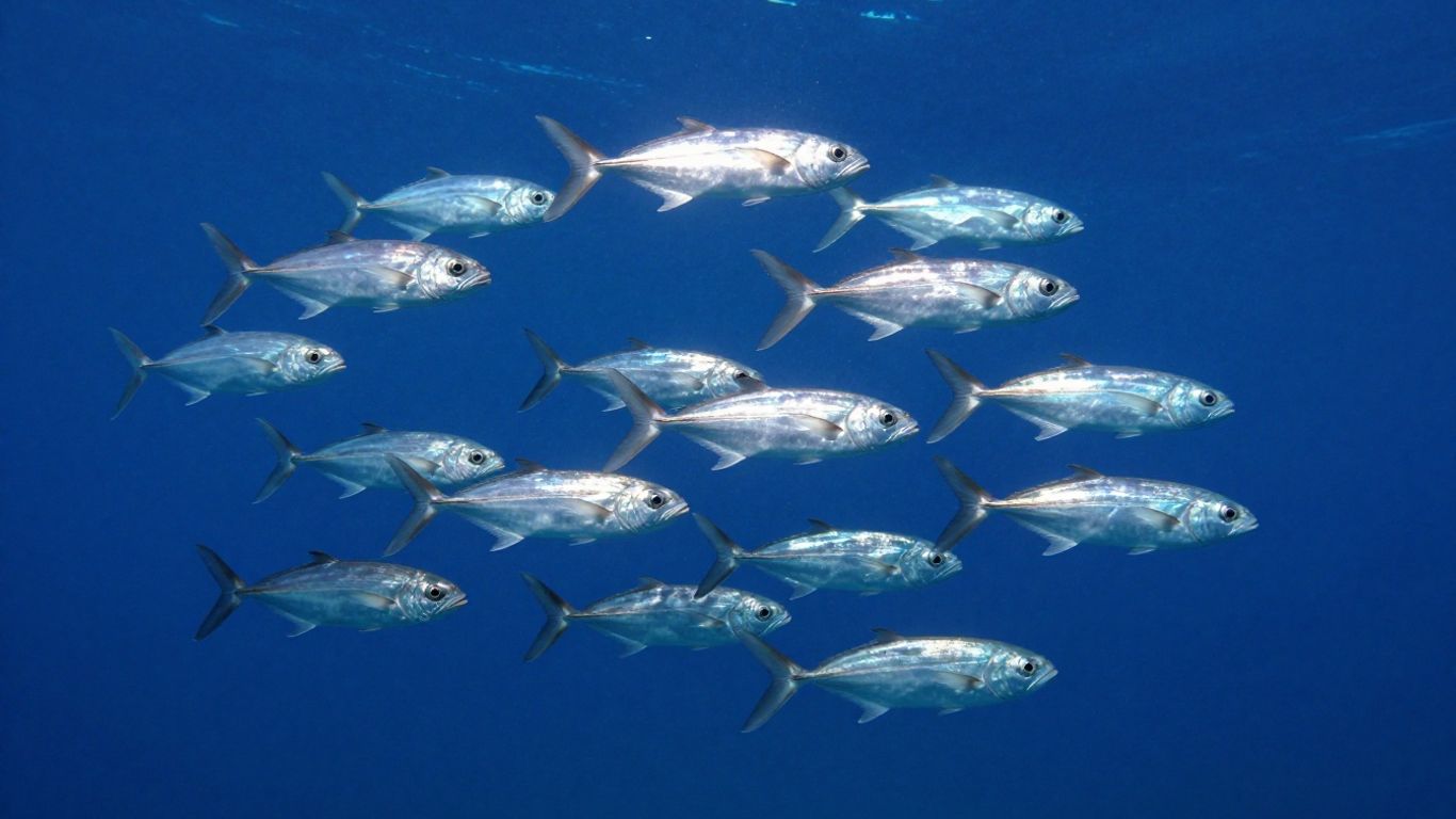 Peixes pelágicos nadando em águas oceânicas azuis profundas.