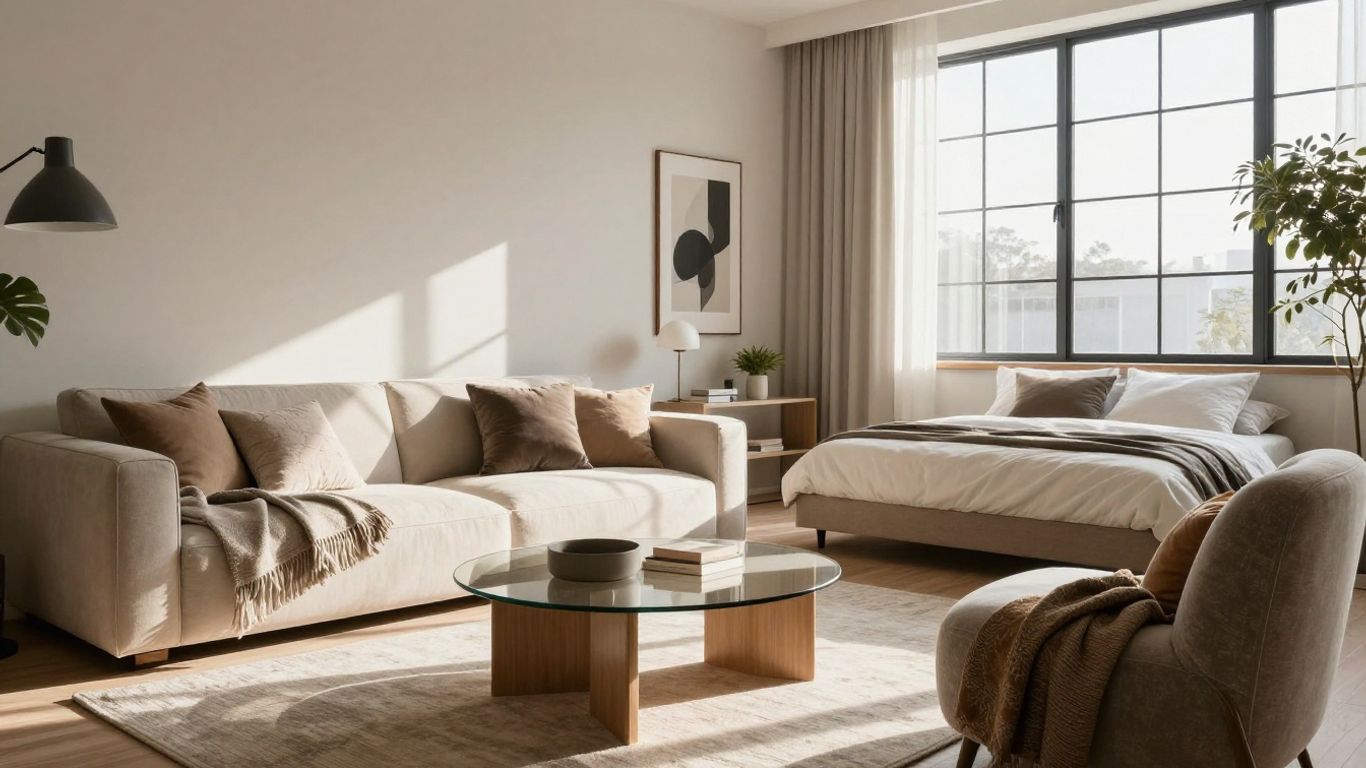 Stylish Airbnb interior with sunlight and comfortable furnishings.