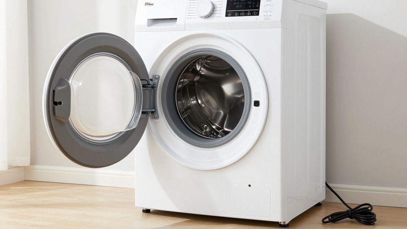 Nouvelle machine à laver déballée, prête à être branchée.