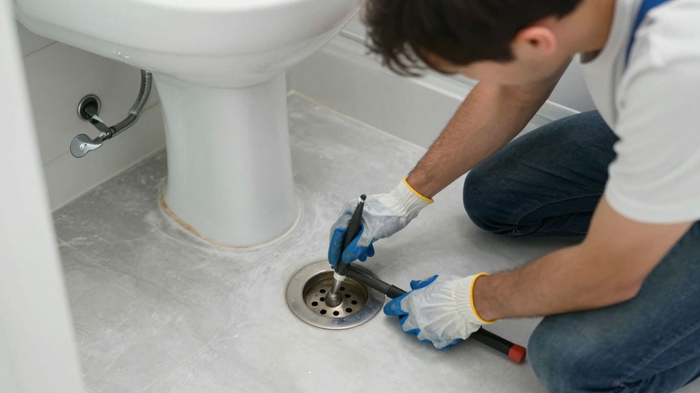 Plumber inspecting a blocked household drain