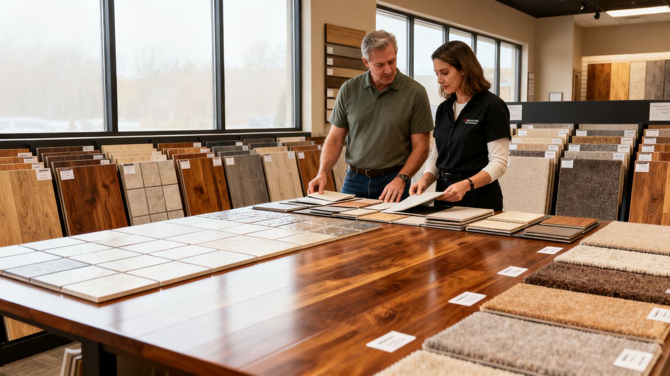 Flooring samples arranged in a bright local showroom