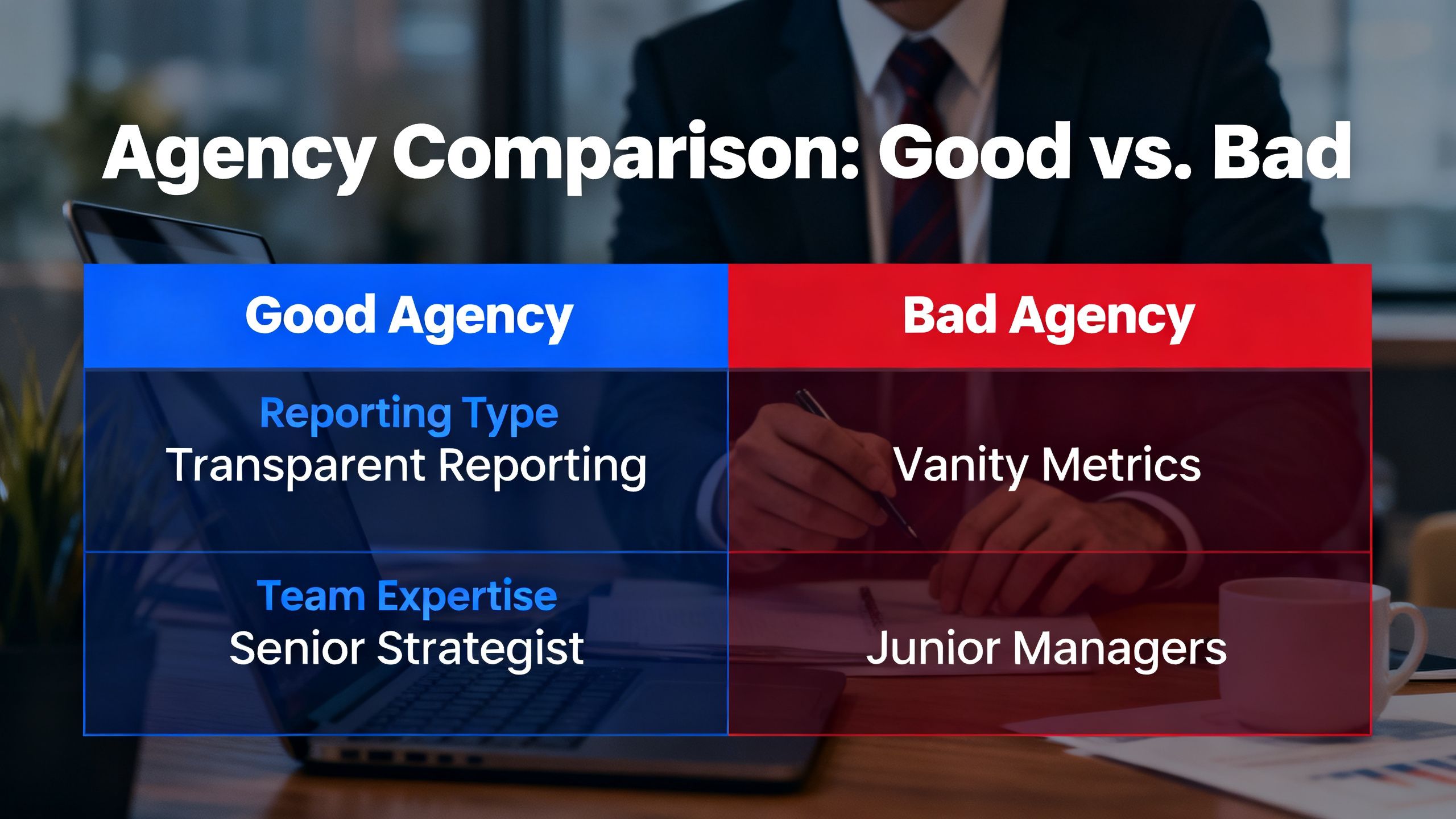 A comparison table graphic highlighting the differences between a good agency (transparent reporting, senior strategist) and a bad agency (vanity metrics, junior managers).