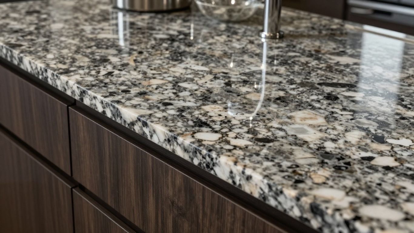 Polished granite countertops in a modern kitchen.