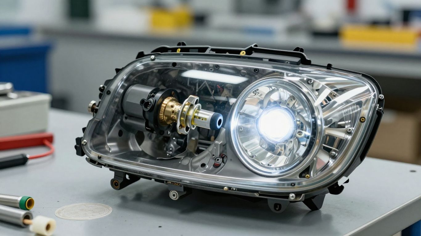 Technician inspecting xenon headlight components