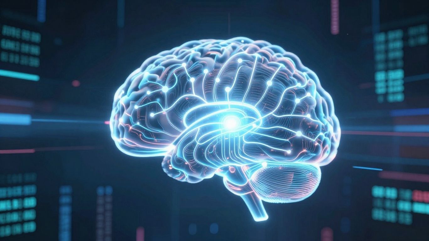 Futuristic AI brain with glowing neural pathways.