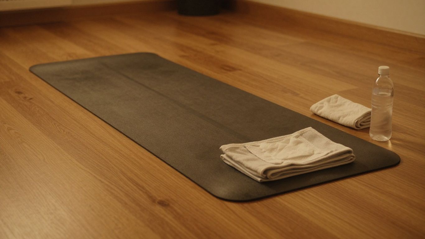 A yoga mat and towel in a warm studio