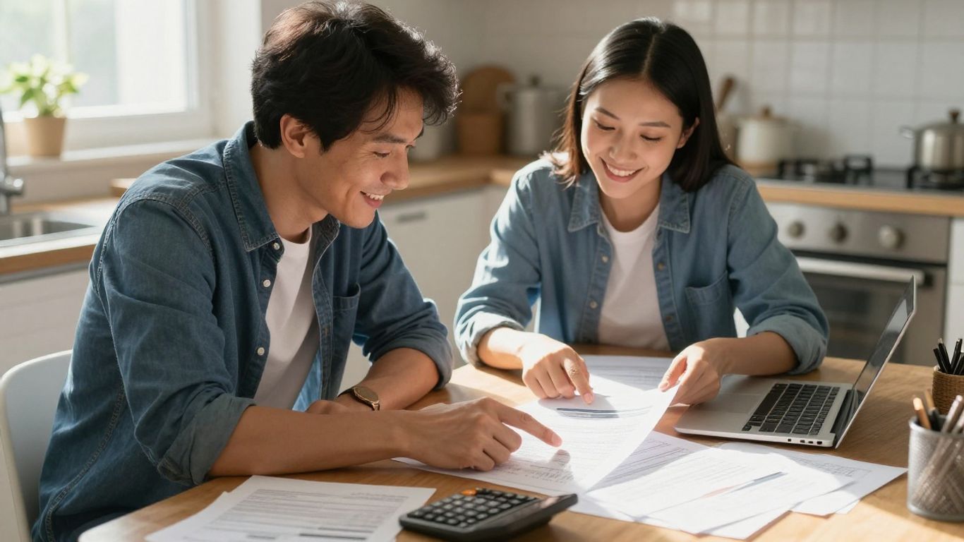 Couple reviewing financial documents for mortgage approval.