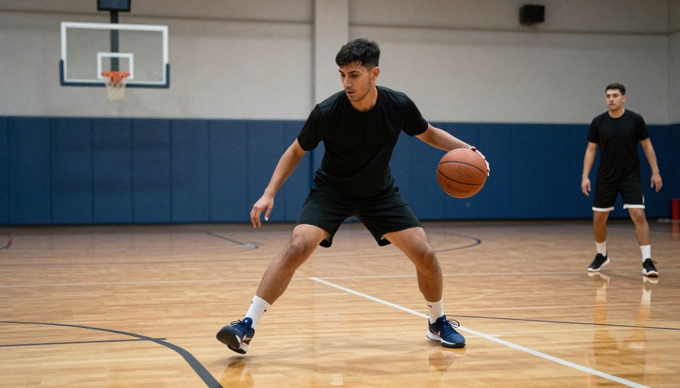 Um jogador se preparando para um drible avançado em uma quadra de basquete urbana moderna durante o treino