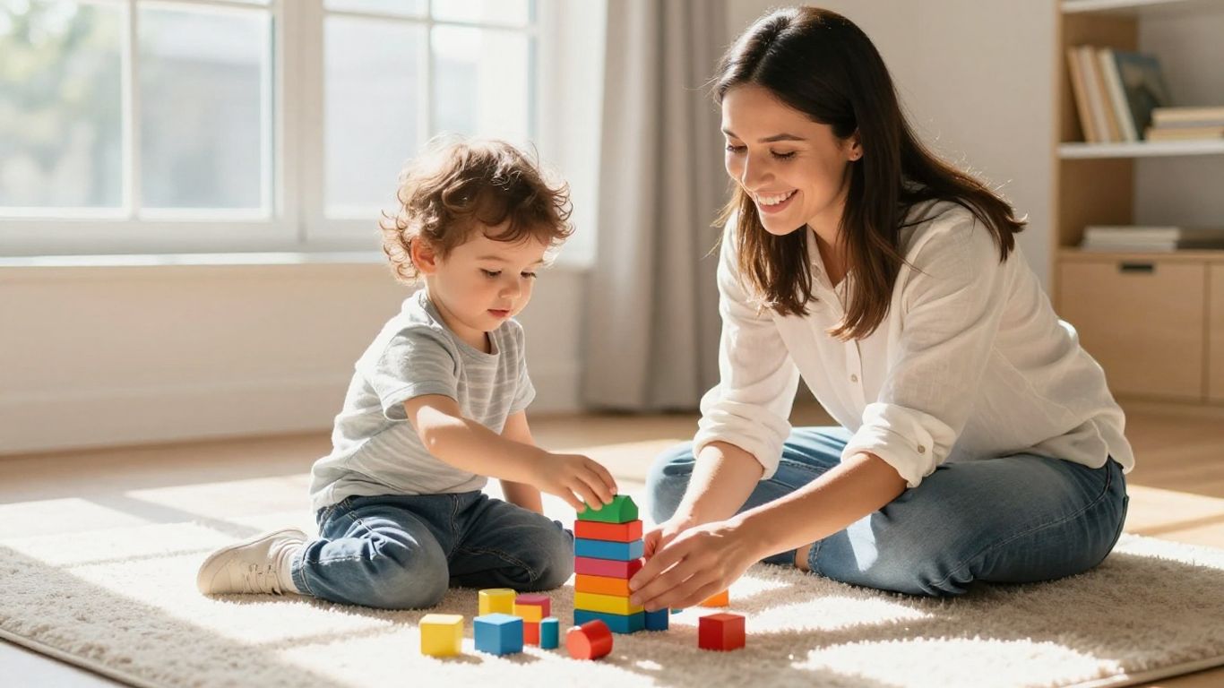 Éducatrice souriante tenant un enfant parmi des jouets.