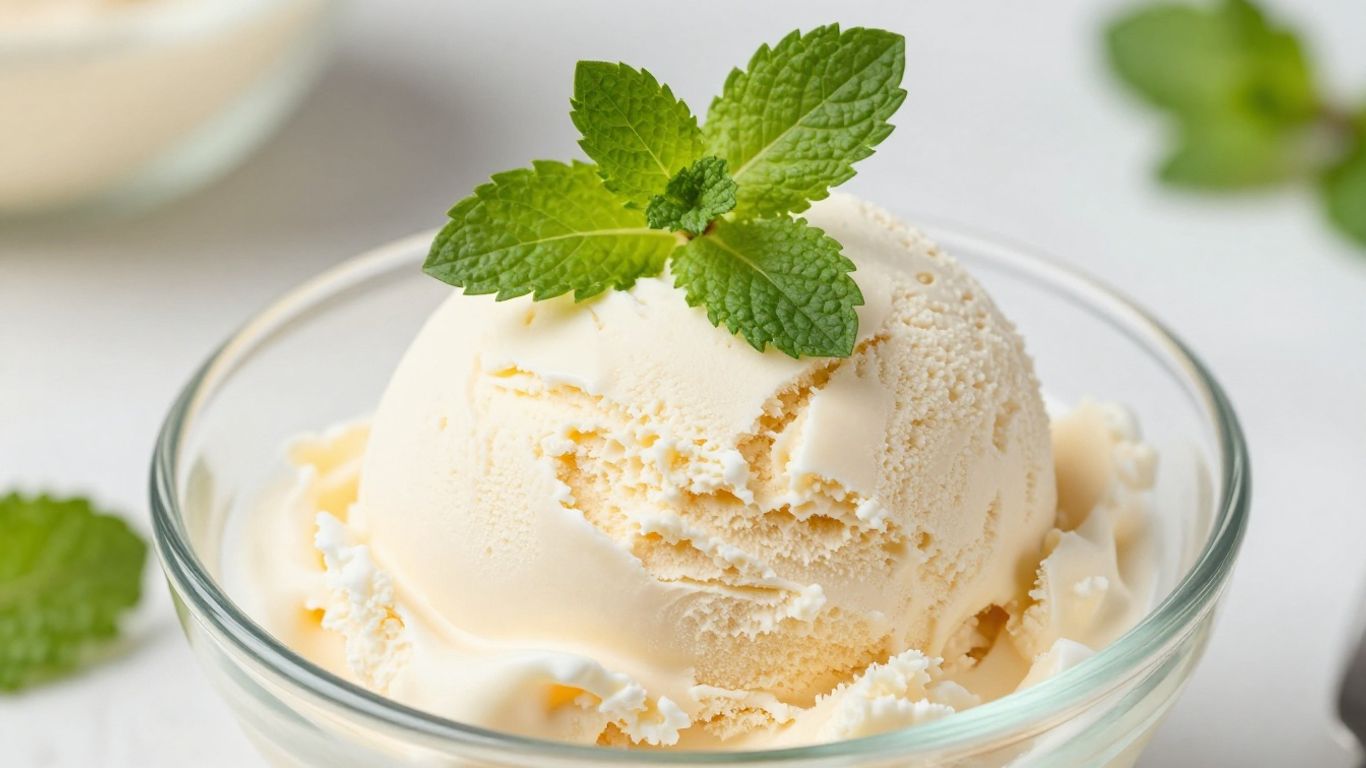 Creamy homemade ice cream scoop with mint leaves.