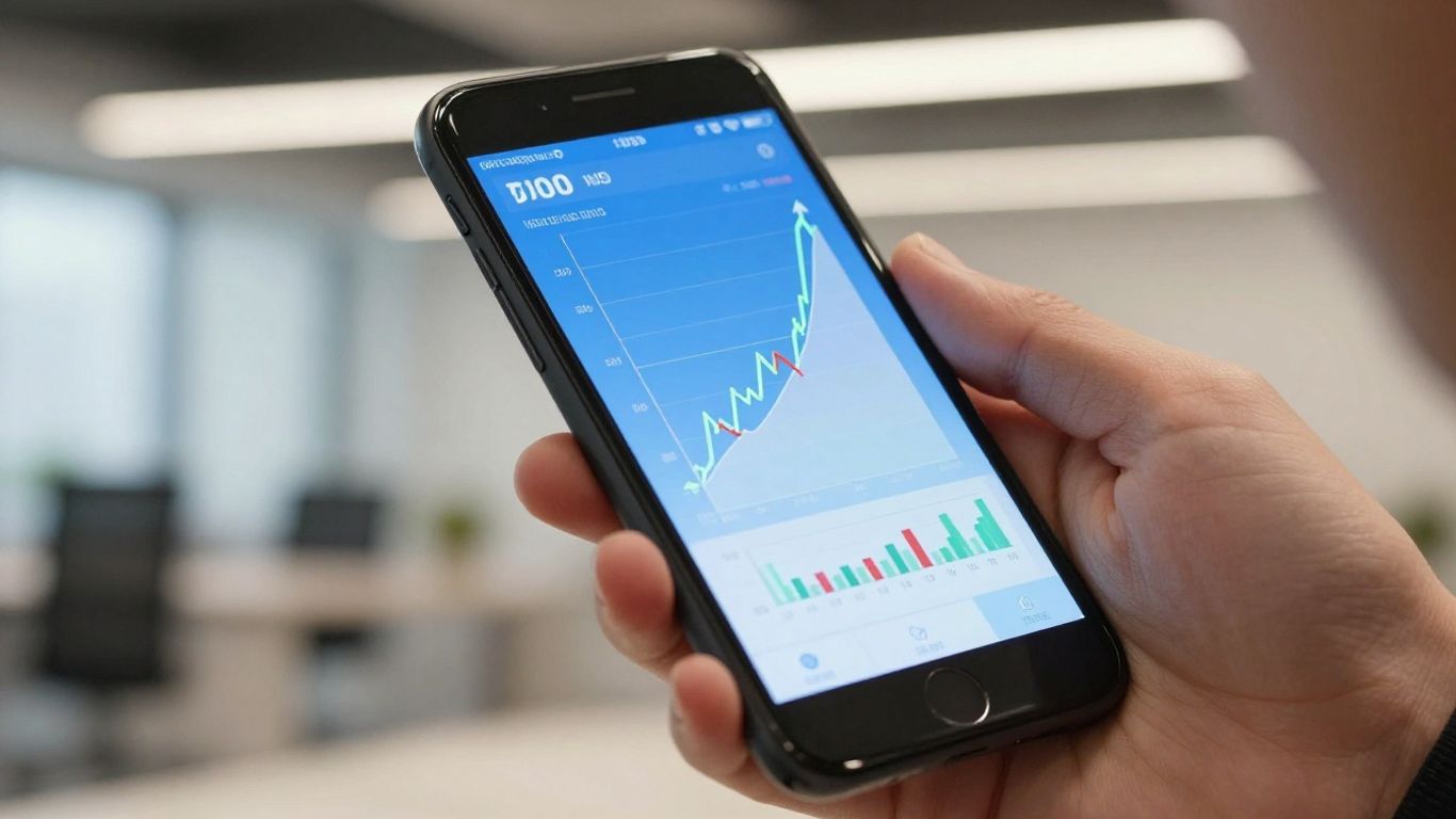 Smartphone showing upward financial charts and ROAS data.